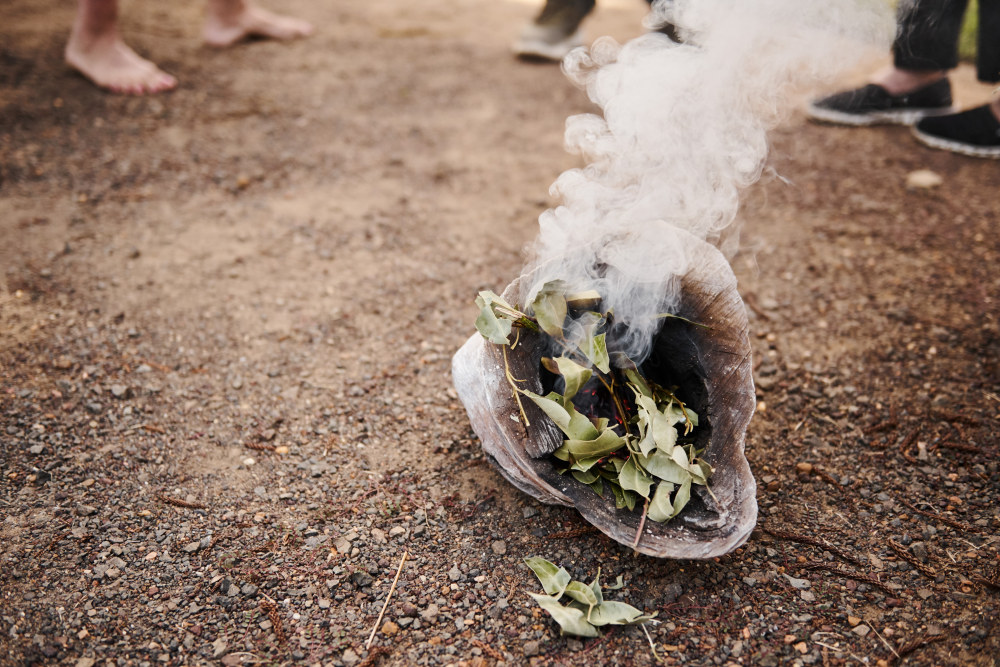 Smoke coming from lit gum leaves for the Smoking Ceremony at Eel Festival 2021