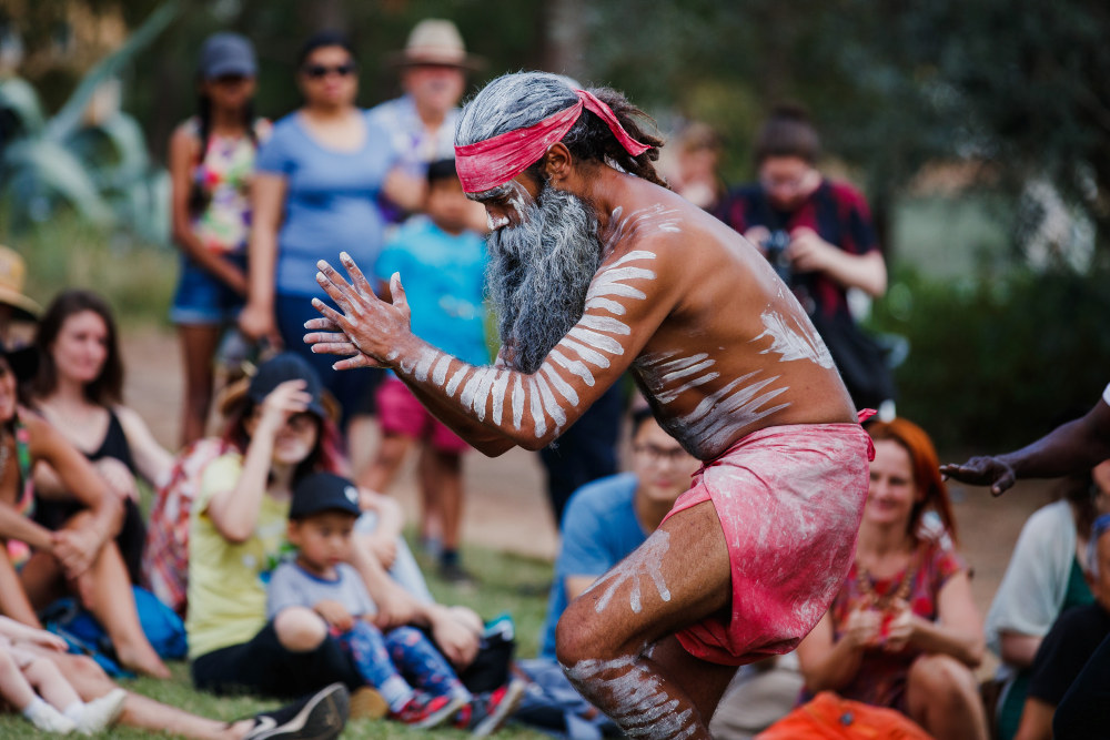 Dave Barnett performing a Traditional Indigenous dance at the Eel Festival at Elizabeth Farm