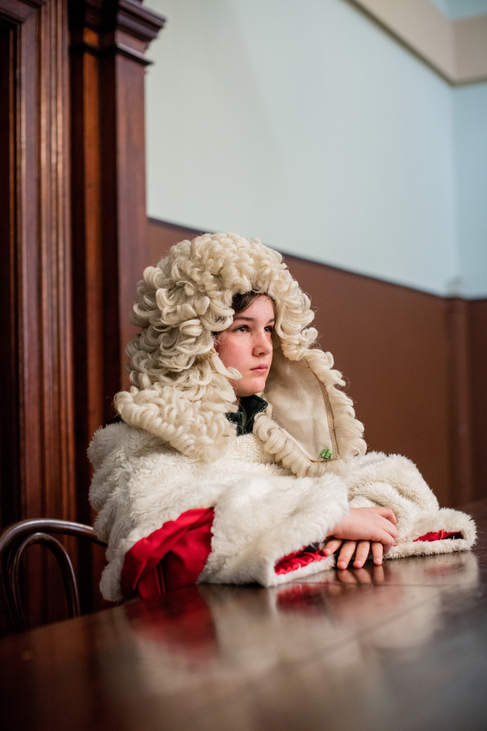 A student dressed as the Judge in an immersive re-enactment of bushranger John Vane's trial as part of the program Bailed Up! at the Justice and Police Museum