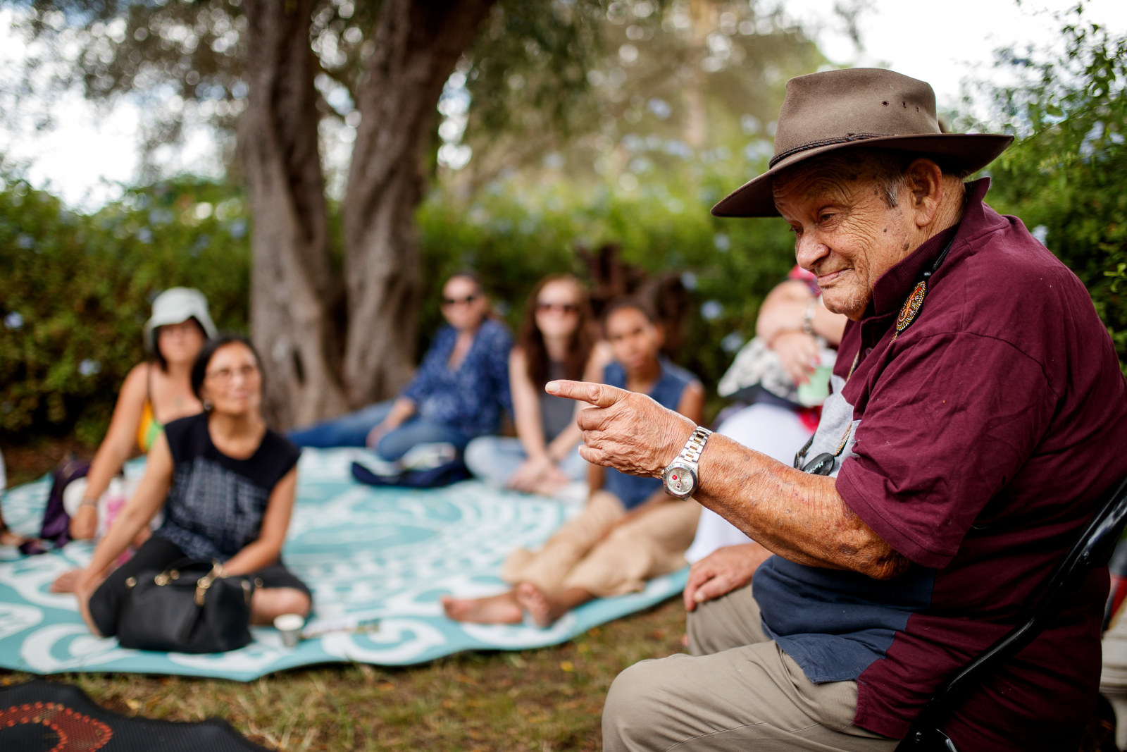 Uncle Wes Marne,a Bigambul Elder telling stories at the Yarning Circle as part of the Eel Festival at Elizabeth Farm