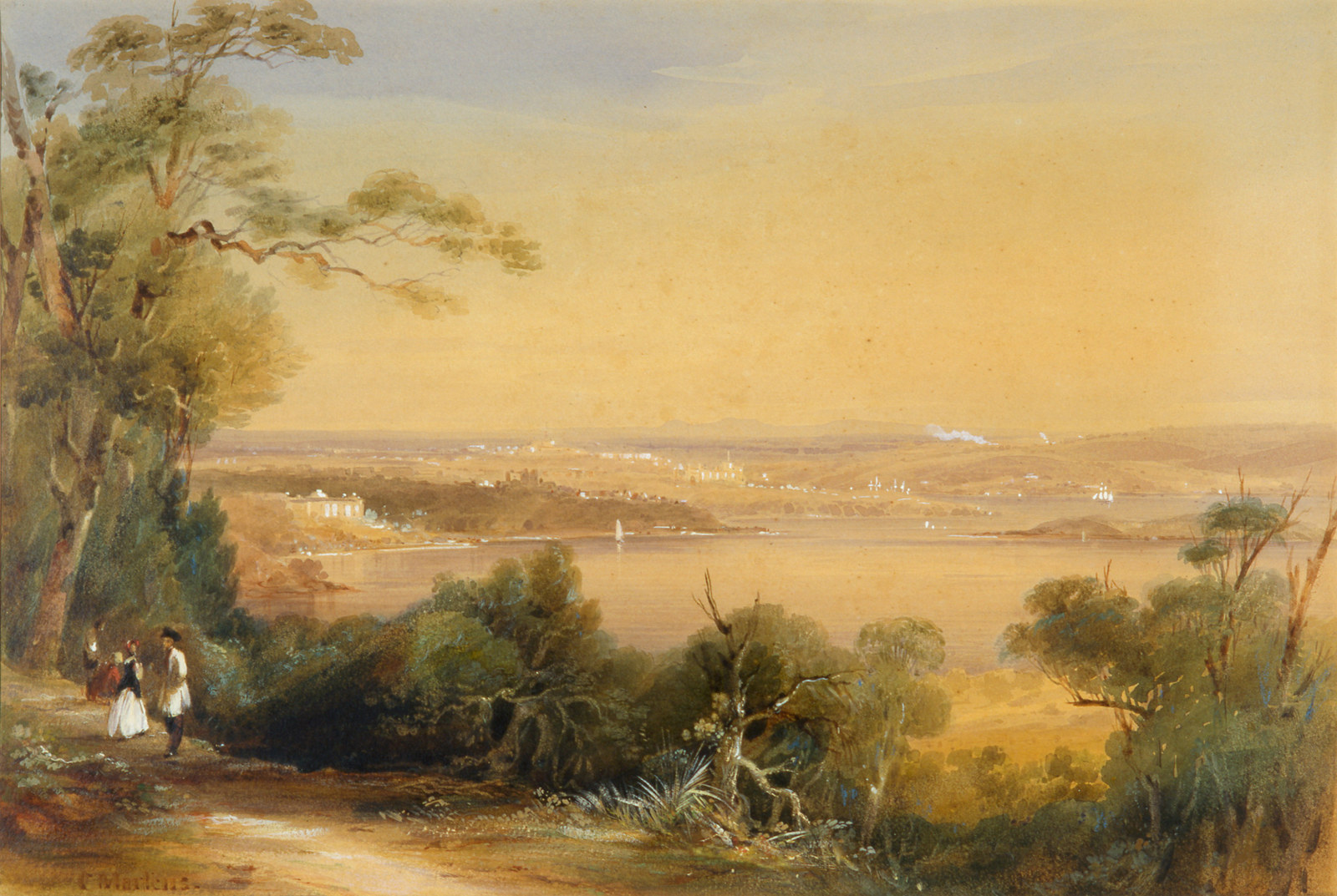 From Darling Point looking towards Elizabeth Bay House and the city, watercolour and gouache on paper, by Conrad Martens, circa 1847