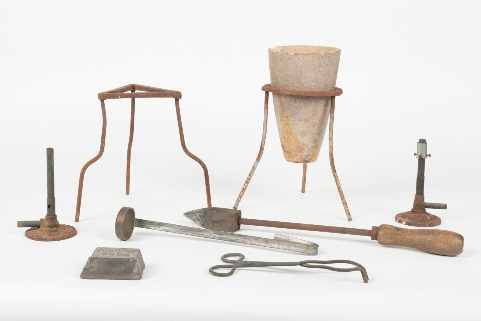Stoneware assayer's crucible and collection of related objects