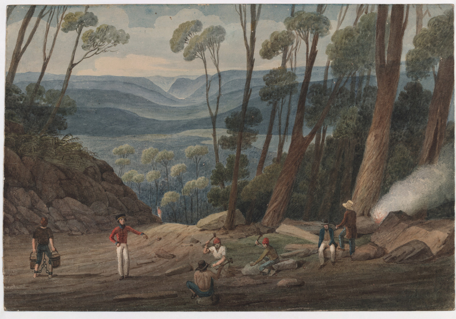 View from the summit of Mount York, looking towards Bathurst Plains, convicts breaking stones, N.S. Wales 
