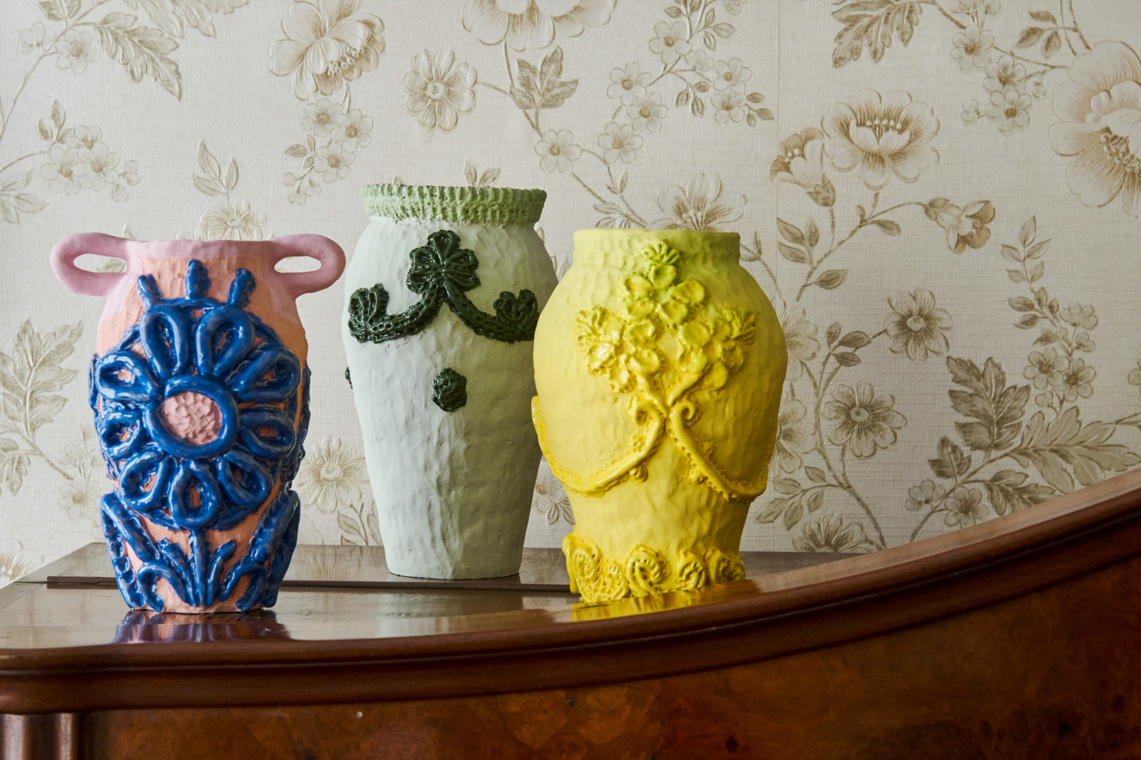 Embroidered vases by Elizabeth Lewis