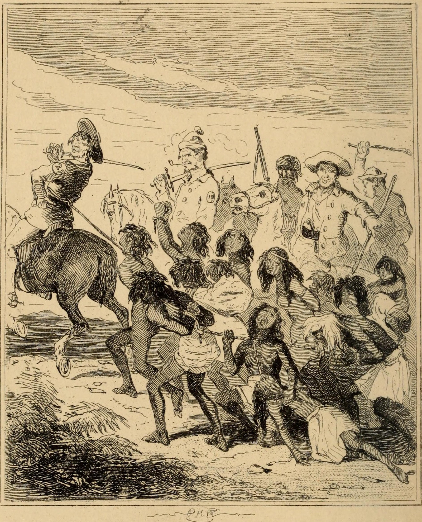 Illustration from book of a group of Aboriginal people being rounded up by white men on horseback.