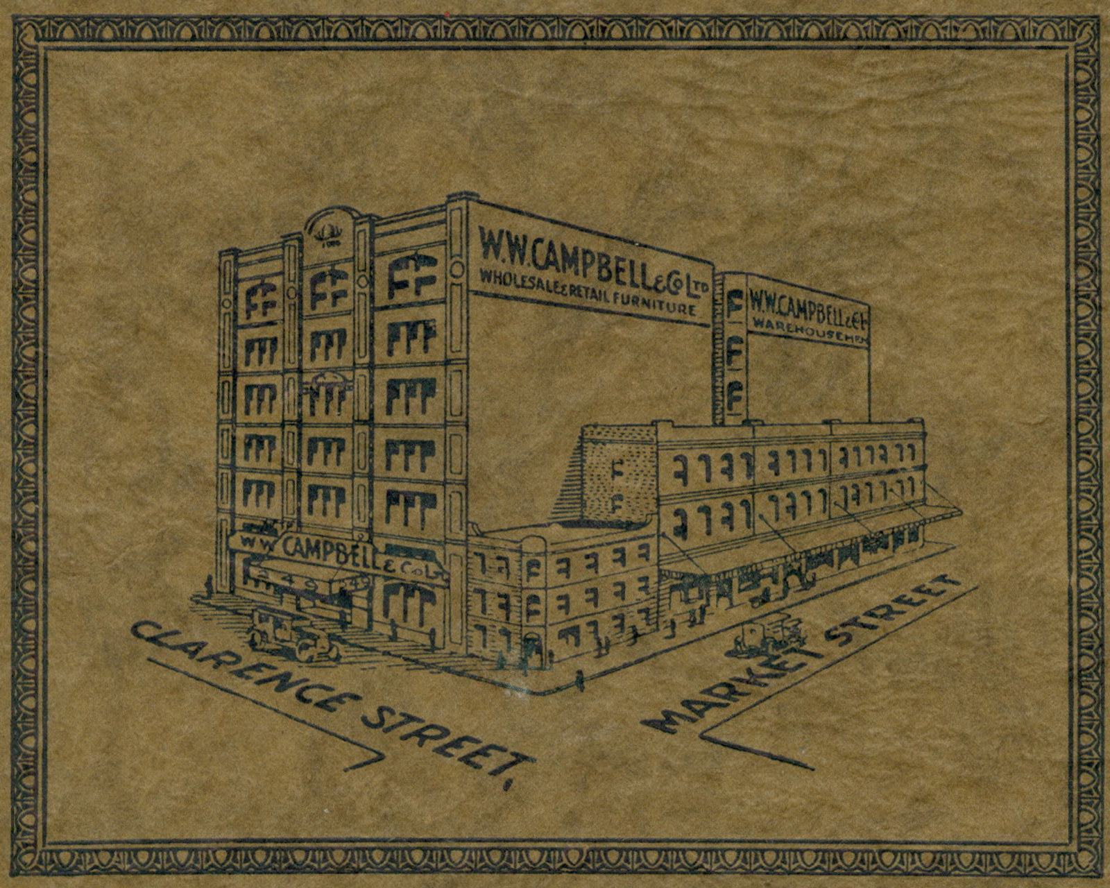Illustration of W W Campbell & Co's city store. The background has yellowed.