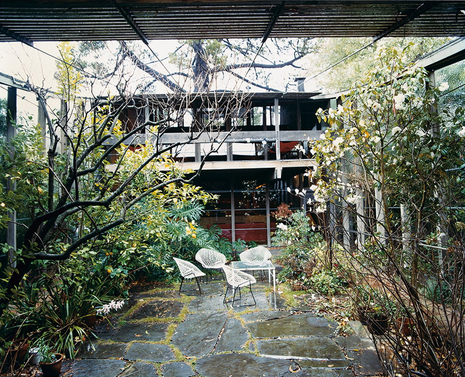 This is a colour photograph of a courtyard with large stone paving, a white metal table and chair setting, and surrounded by flowering shrubs and trees