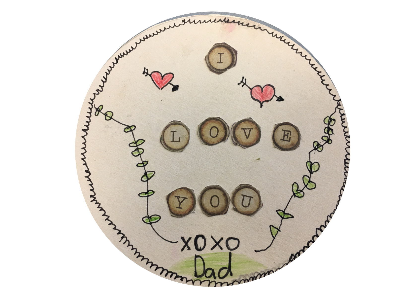 Artwork on paper or card depicting student interpretation of coin-shaped love token.