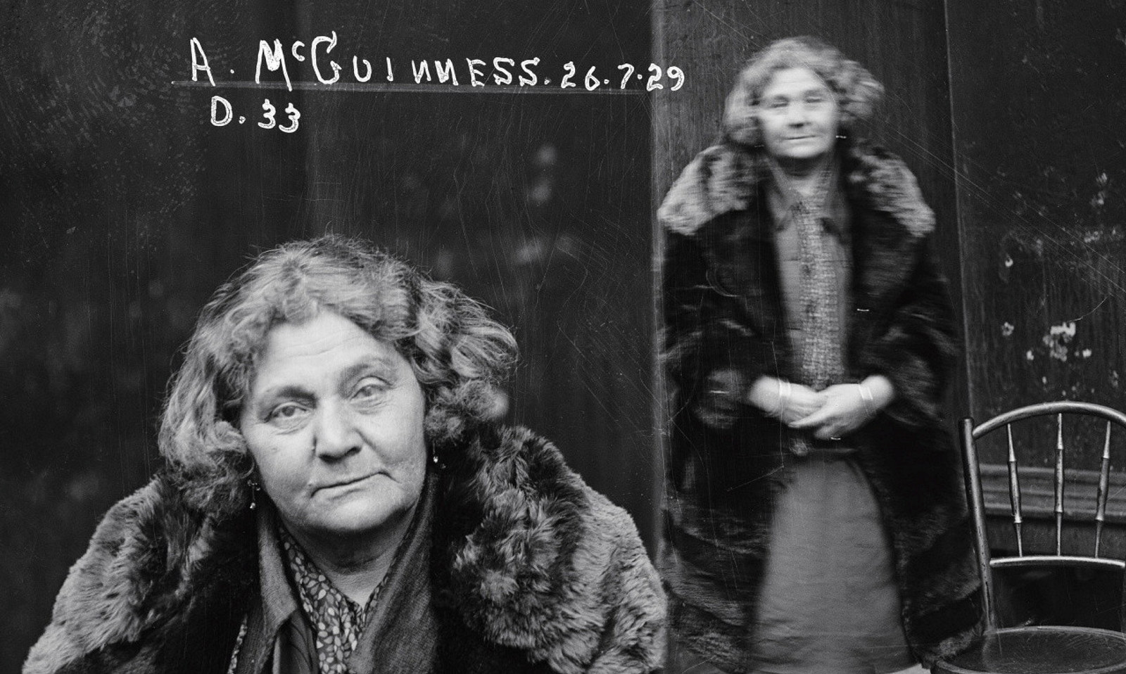 Dual mugshot of woman seated and standing, with standing shot showing blurred movement.