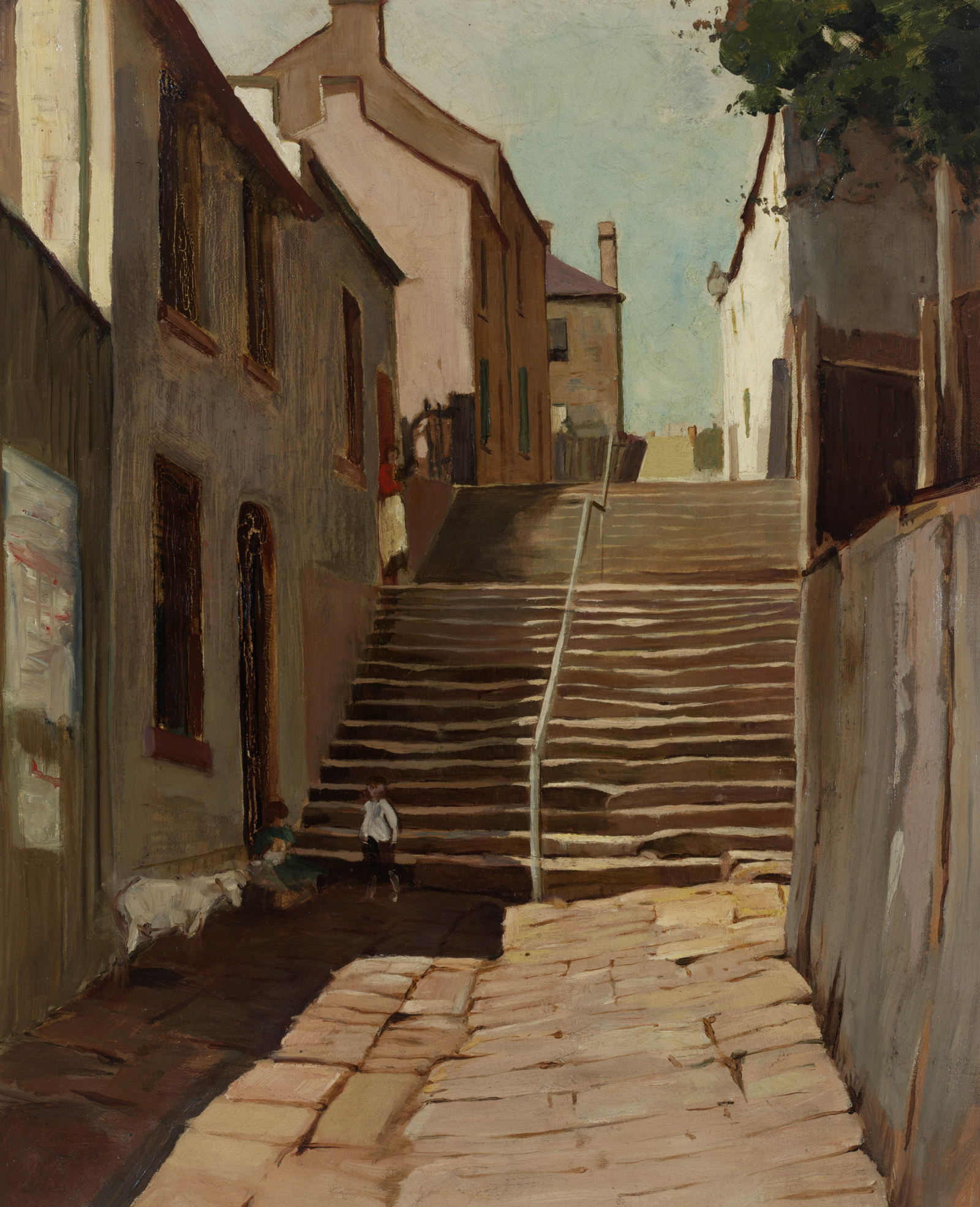 Painting showing narrow street lined by small houses with steep set of steps.