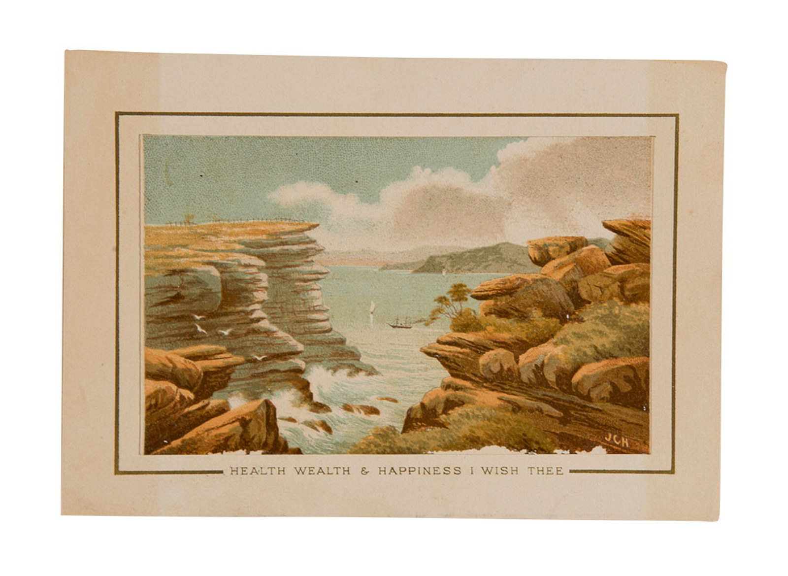 Discoloured image from scrap album of sandstone landscape, with sea in background.