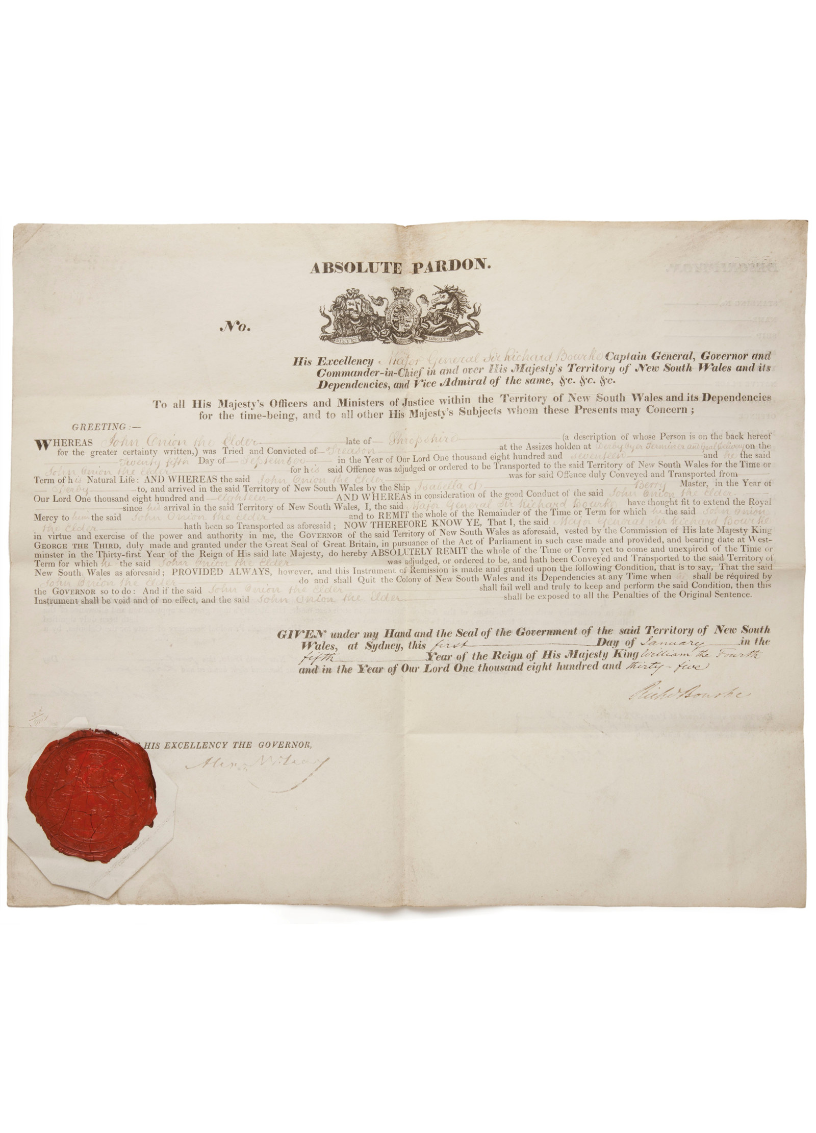 Image of a convict pardon. It has a red wax stamp in the lower left corner.