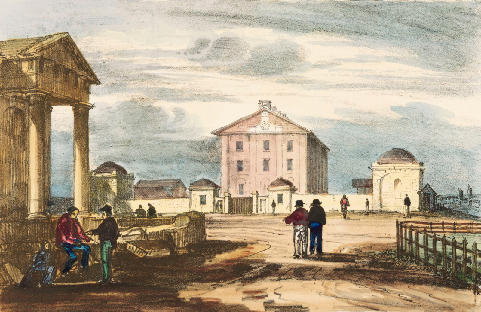 Groups of men standing or sitting in a town square, some of whom are looking back toward large building, Hyde Park Barracks, with front wall featuring dome-roofed cottages on either side of a large timber gate. Clouds drift overhead.