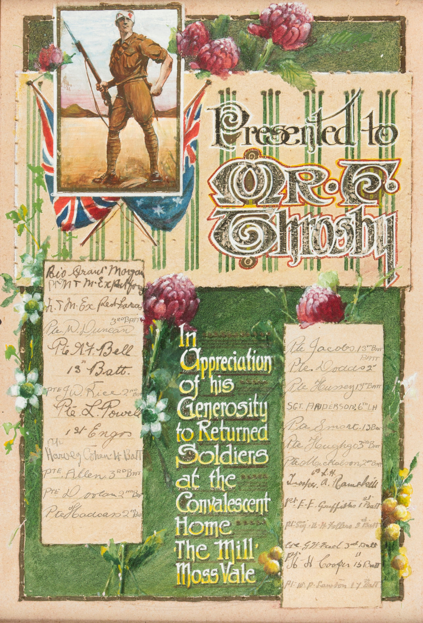 Ornately decorated certificate with colourful imagery and fancy handwriting.
