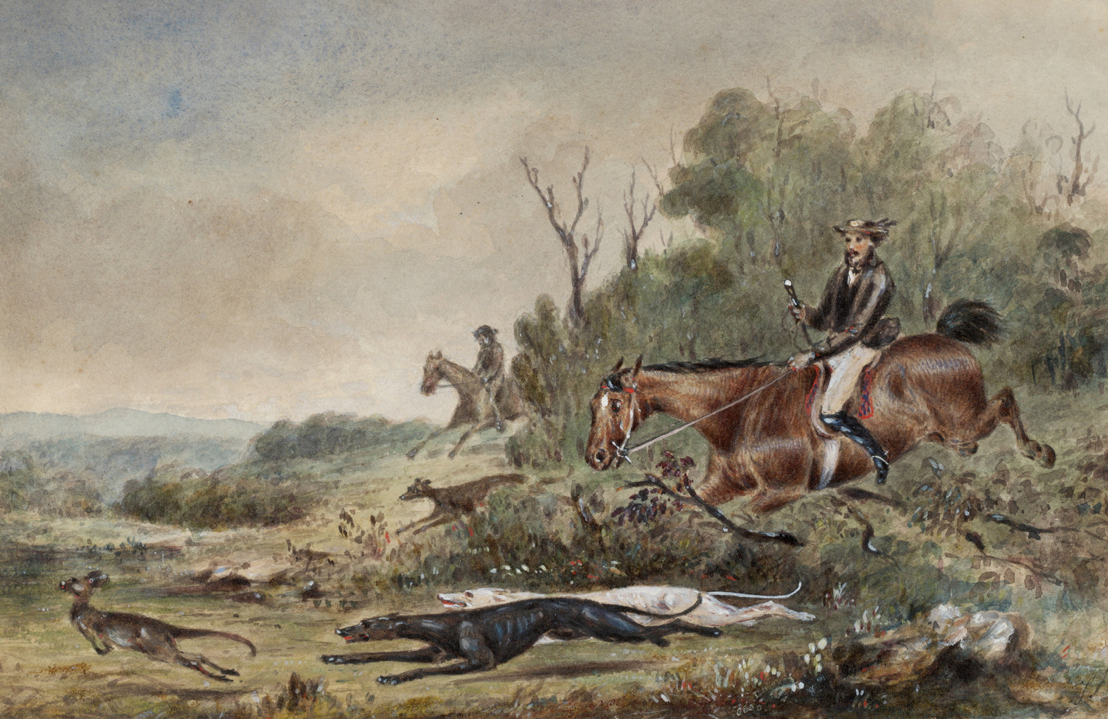 Men on horseback with hounds pursuing kangaroo to left of painting.