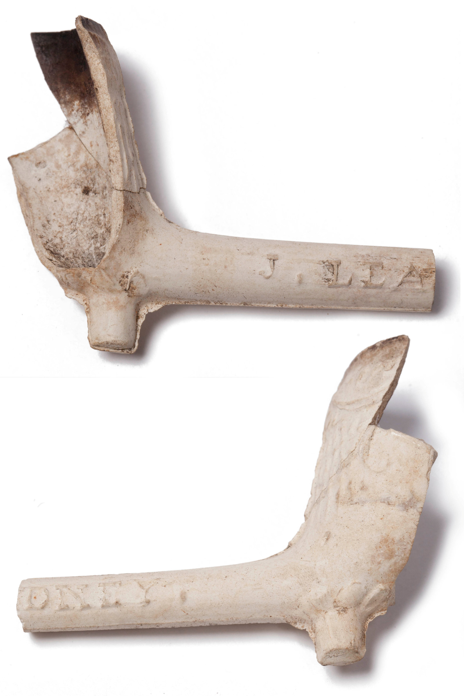 Composite image of a clay pipe with a broken bowl, viewed from both sides
