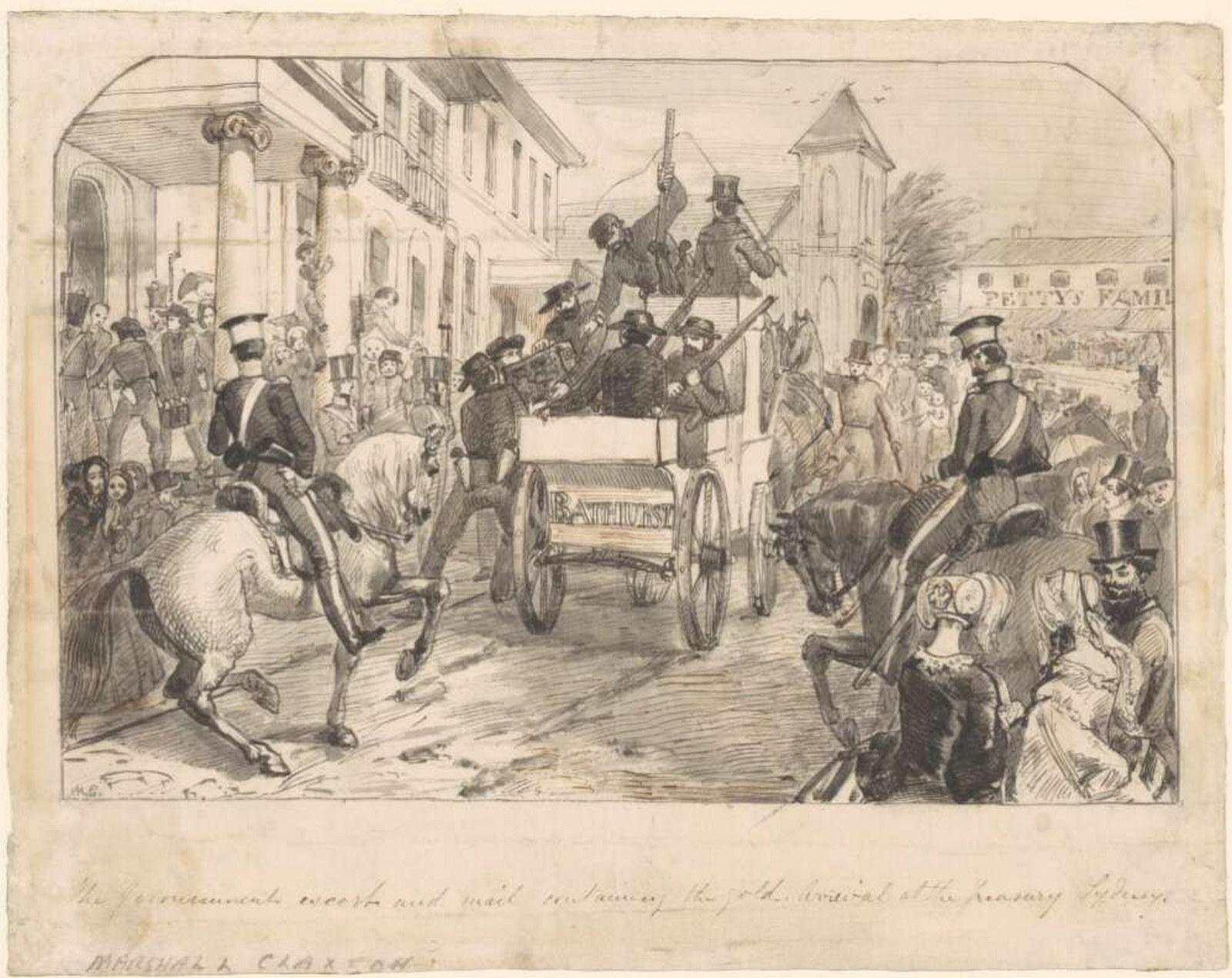 Artwork showing arrival of gold escort to Sydney in 1851