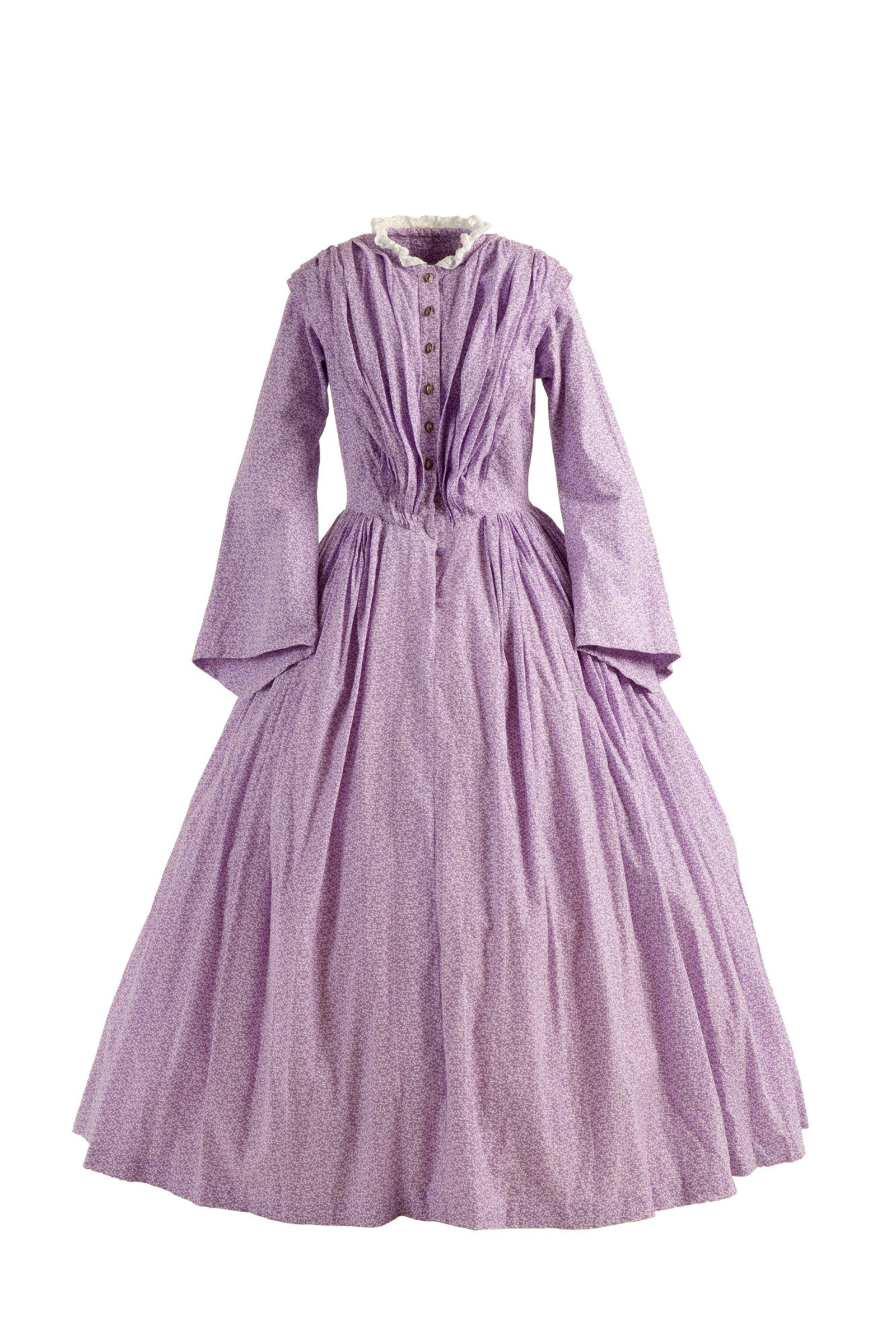 Mauve dress with plain, front-buttoning fitted bodice with a small, high collar, bell-shaped skirt worn over petticoats, and loose-fitting or frilled sleeves that could be rolled up.