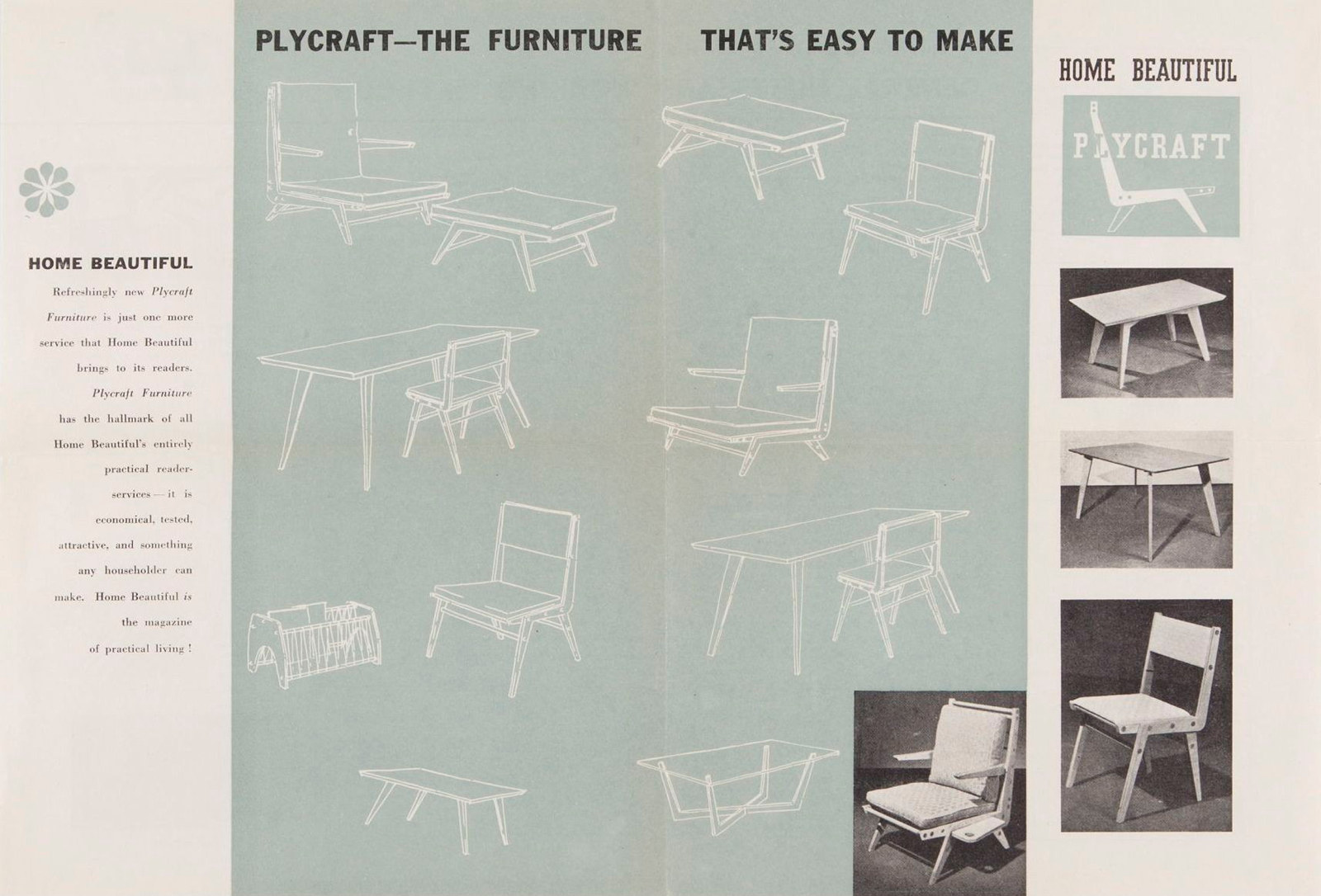 Leaflet showing range of patterns for Australian Home Beautiful Plycraft furniture, 1954