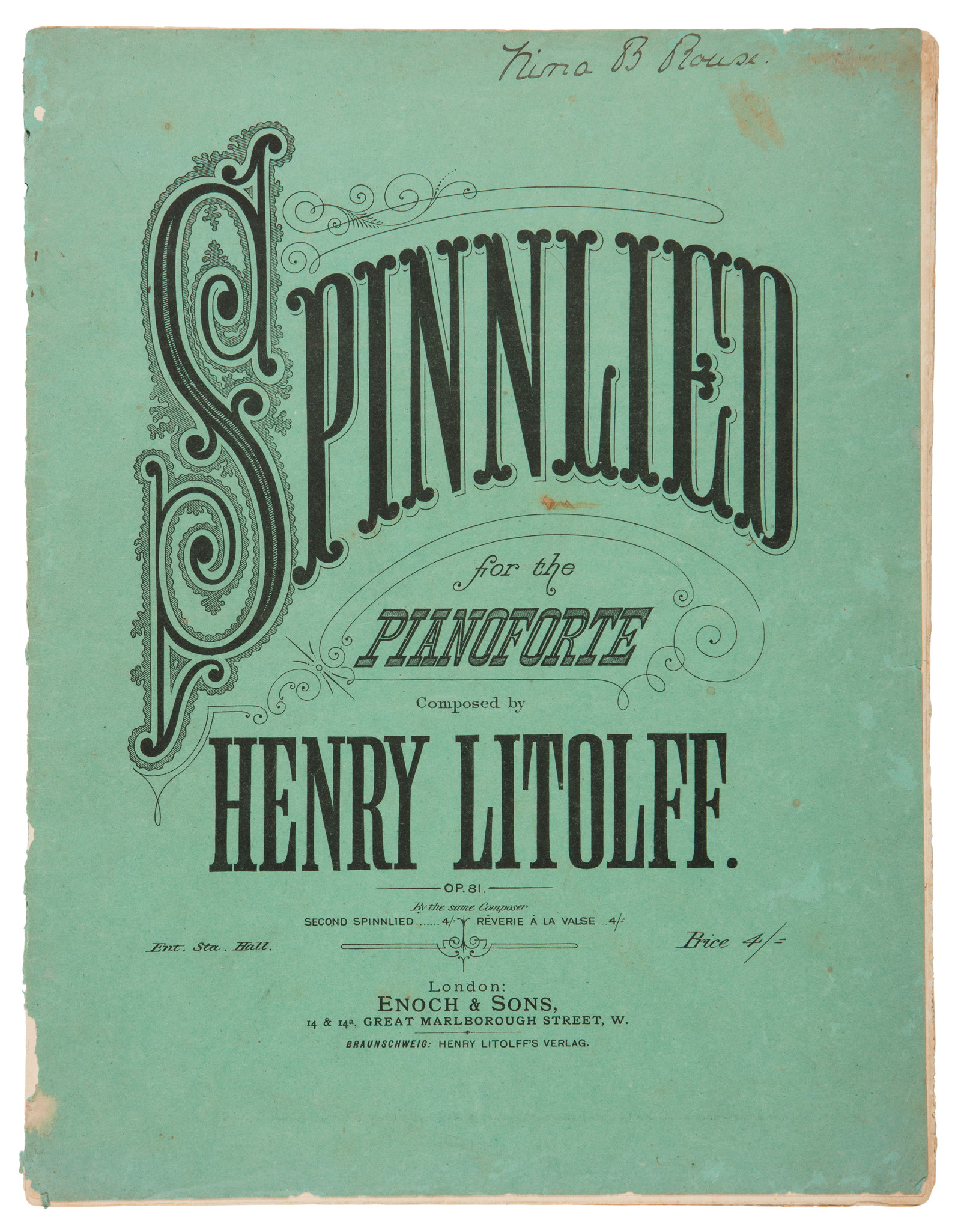 Green piano music  book cover with title in ornate writing.