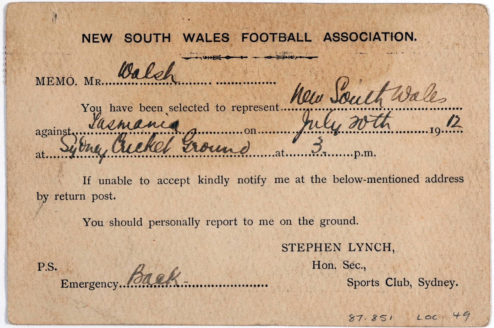 Notice of selection addressed to Mr Walsh to play in a New South Wales Football Association inter-state match, July 1912