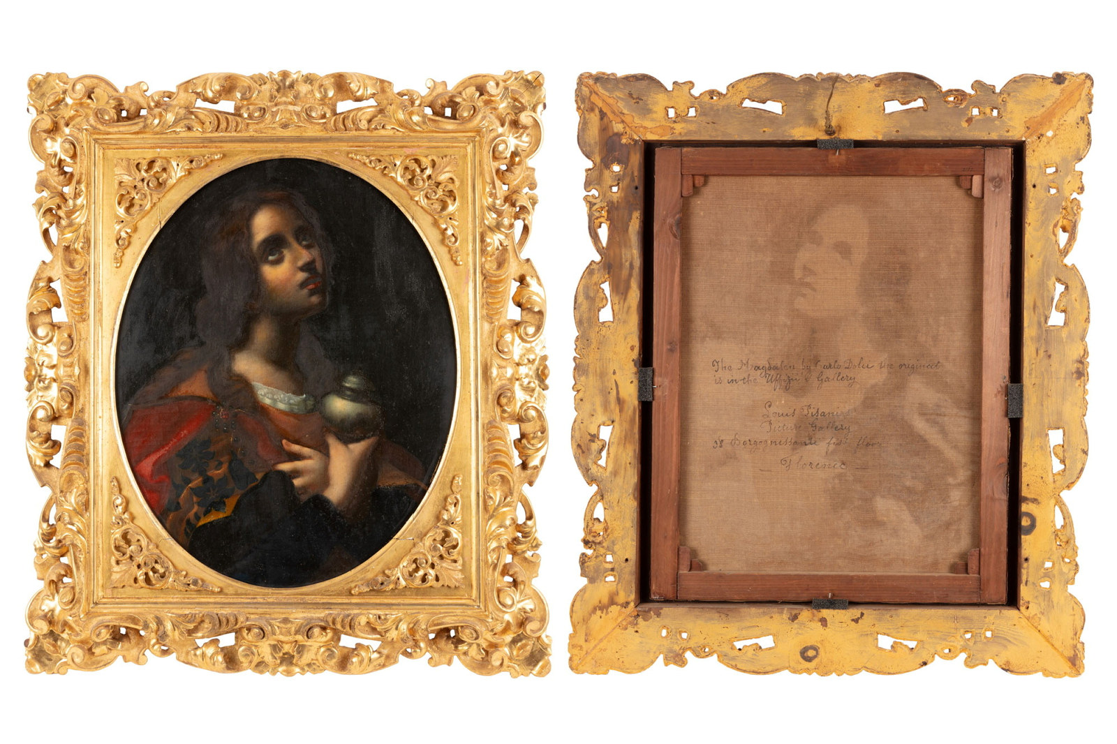 Verso and front of oval oil painting of Mary Magdalene in a carved wood, foliate and gilt frame