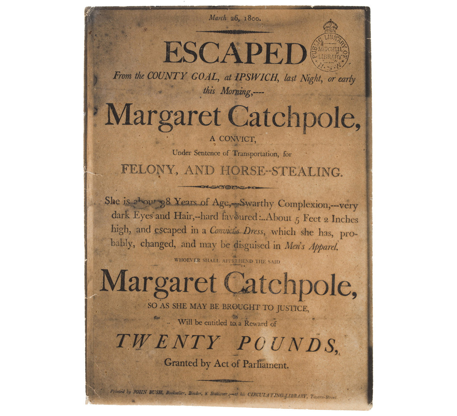 Handbill re Margaret Catchpole's escape from the County Gaol at Ipswich, Suffolk, 26 March 1800