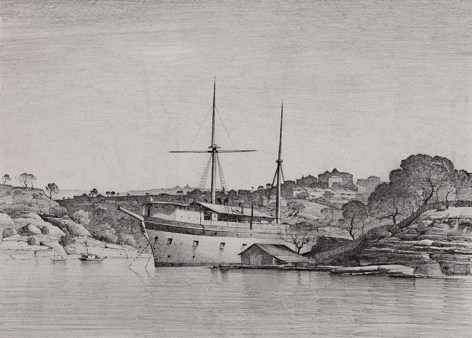 This is a pencil drawing of a ship moored near a headland