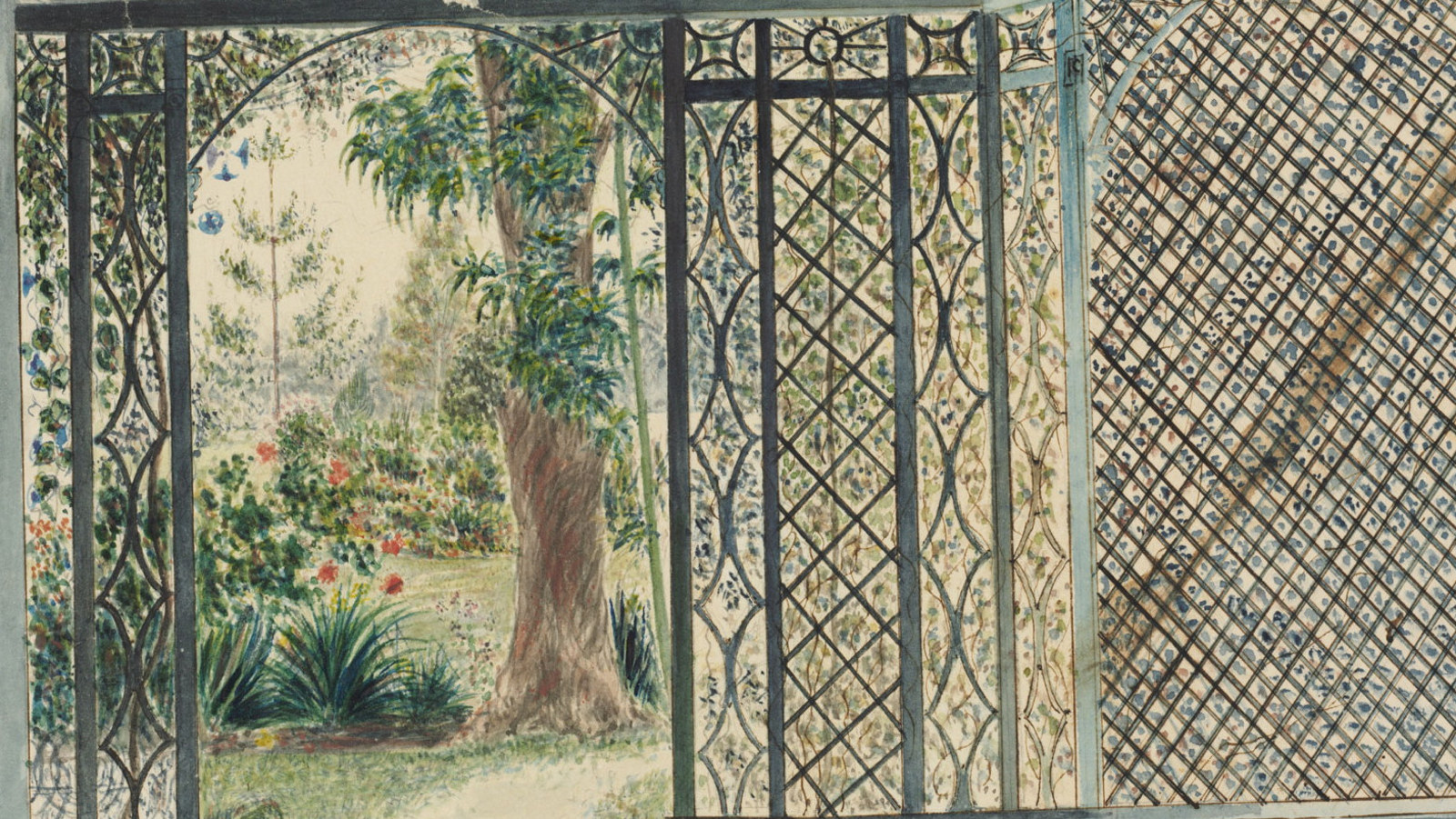 Watercolour of trellised verandah and house from garden.