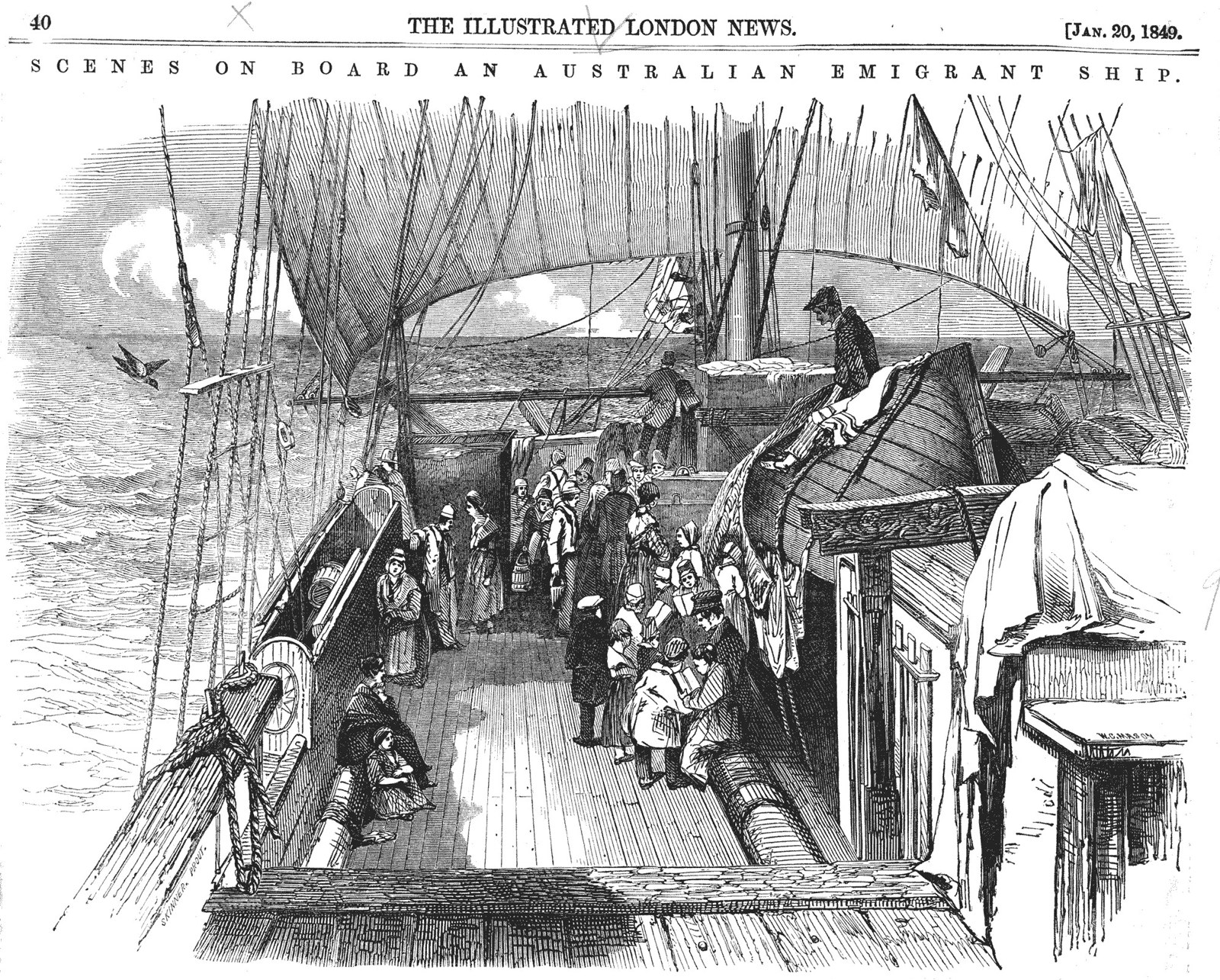 Black and white etching of ship deck with women on board.