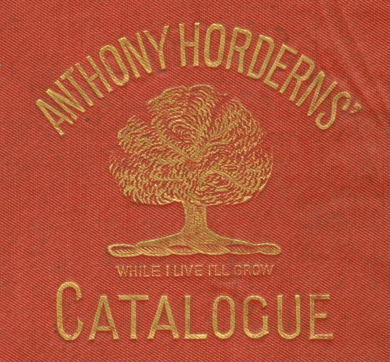 Catalogue cover of a Hordern and sons publication. there is an image of a tree and the words 'Anthony Hordern & Sons catalogue - While I live I'll grow' wrapped around an image of a tree. Text and image are gold on an orange background.