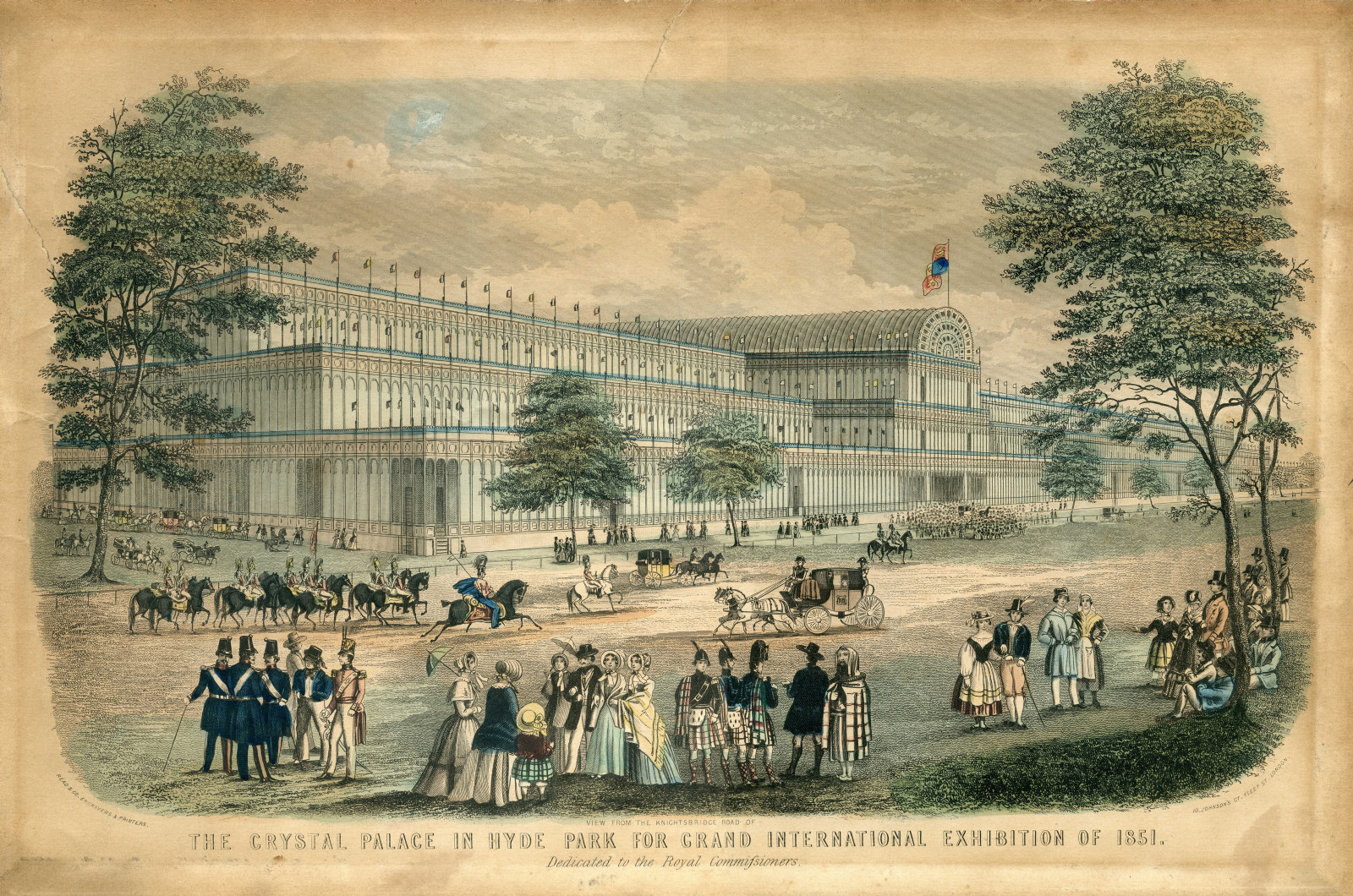 Painting showing lots of people around the big Crystal Palace building and some large trees