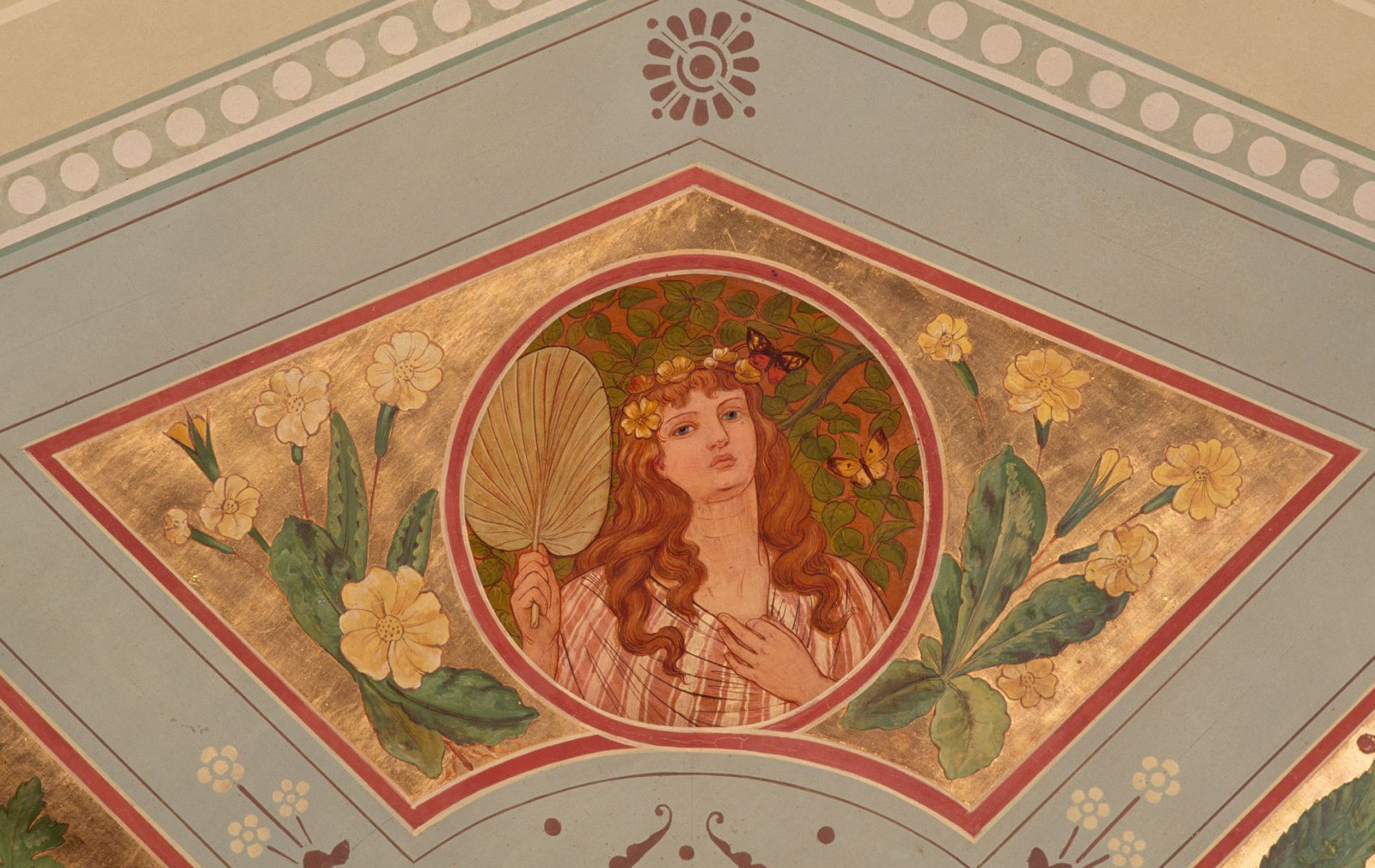The â€˜reclining womanâ€™ motif is adapted to represent â€˜Summerâ€™ as ceiling decoration in the drawing room at Government House