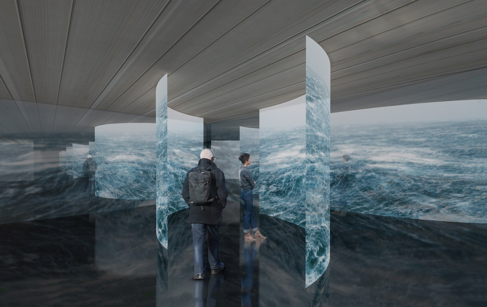 Artist's rendition of series of curved blue ceiling to floor panels with people in middle for scale.