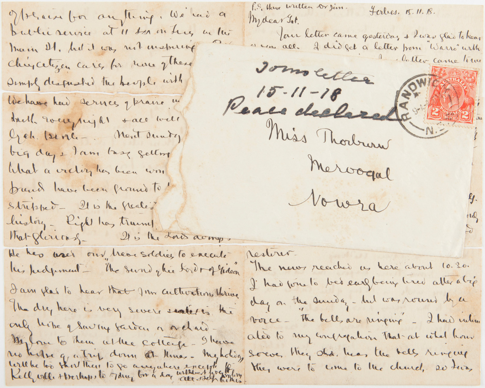 Tom Thorburn’s letter from Forbes on 15 November 1918 to his sister Tot Thorburn at Meroogal, Nowra 