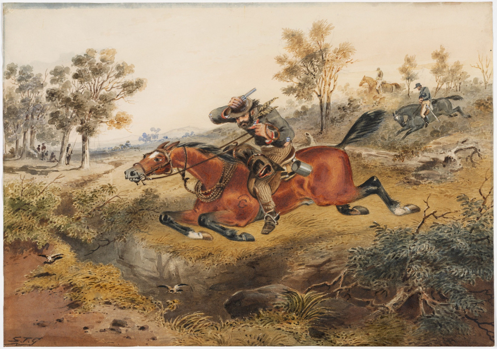 Bushranger being chased by mounted police trooper through the bush