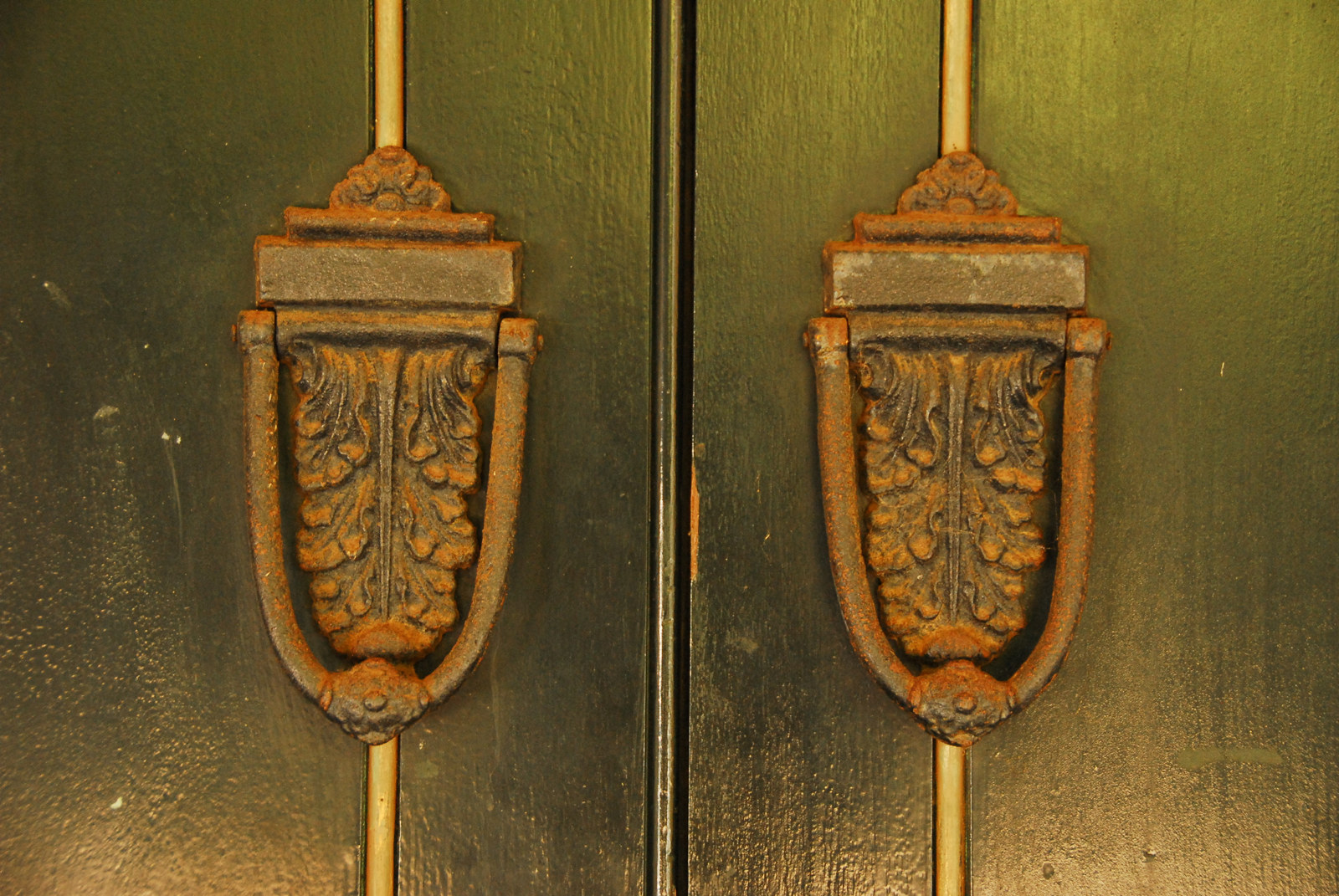Twin door knockers on wooden door, closeup.