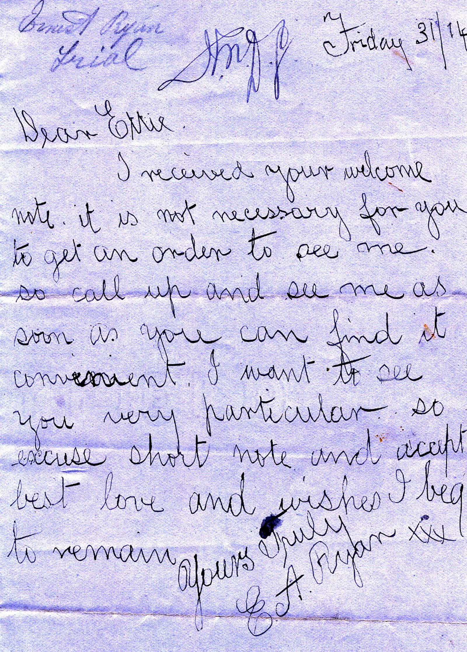Handwritten letter by Shiner Ryan to his girlfriend Ettie.