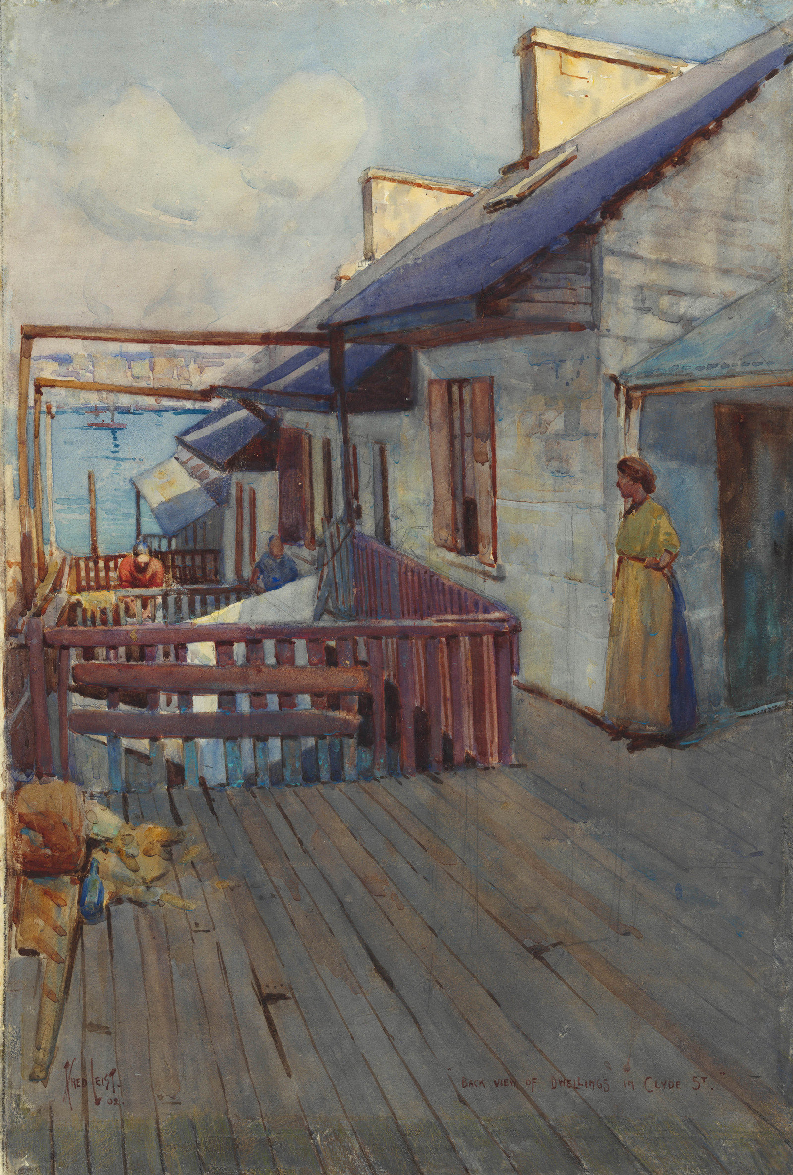 Painting showing a lady looking out over the back verandas of a row of terrace houses leading down to the water.