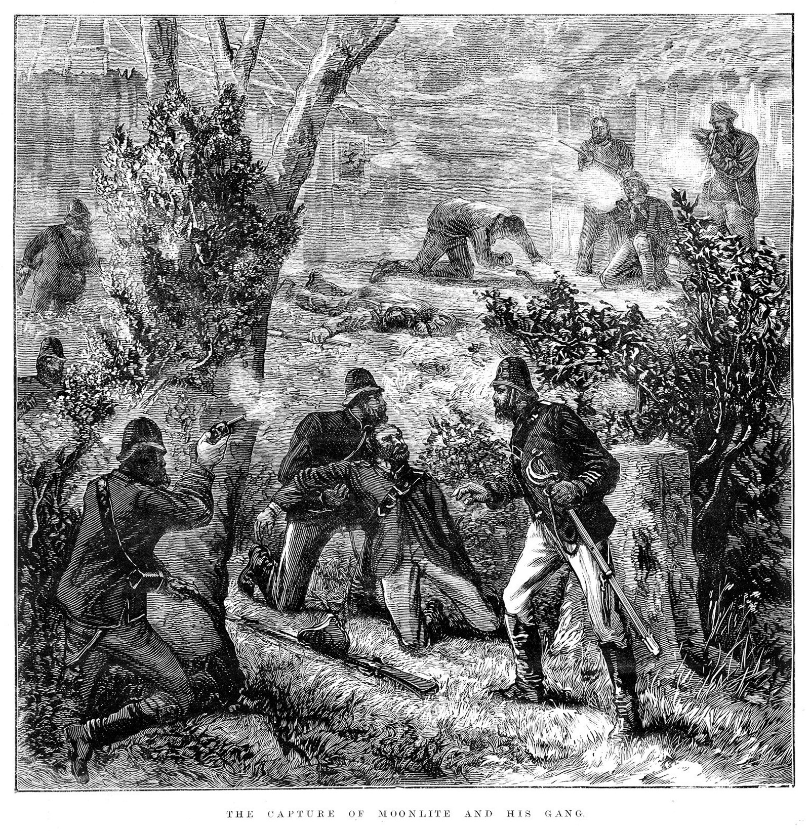 Engraved bush scene with three troopers in helmets with weapons, one holding wounded man, with other figures in background.