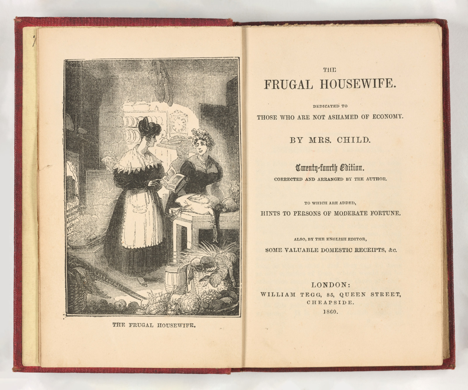 Open book with an image of two maids in a kitchen on the left