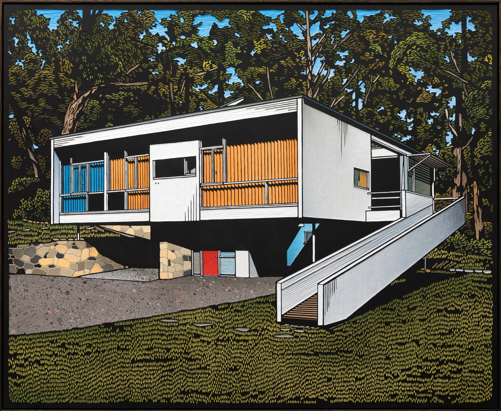 Painting of rectangular modernist house with white ramp on righthand side in bushland setting.