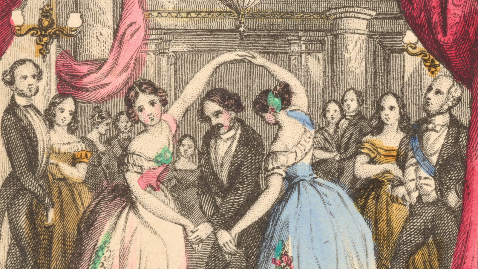 Illustration of two women dancing in large dresses at a ball