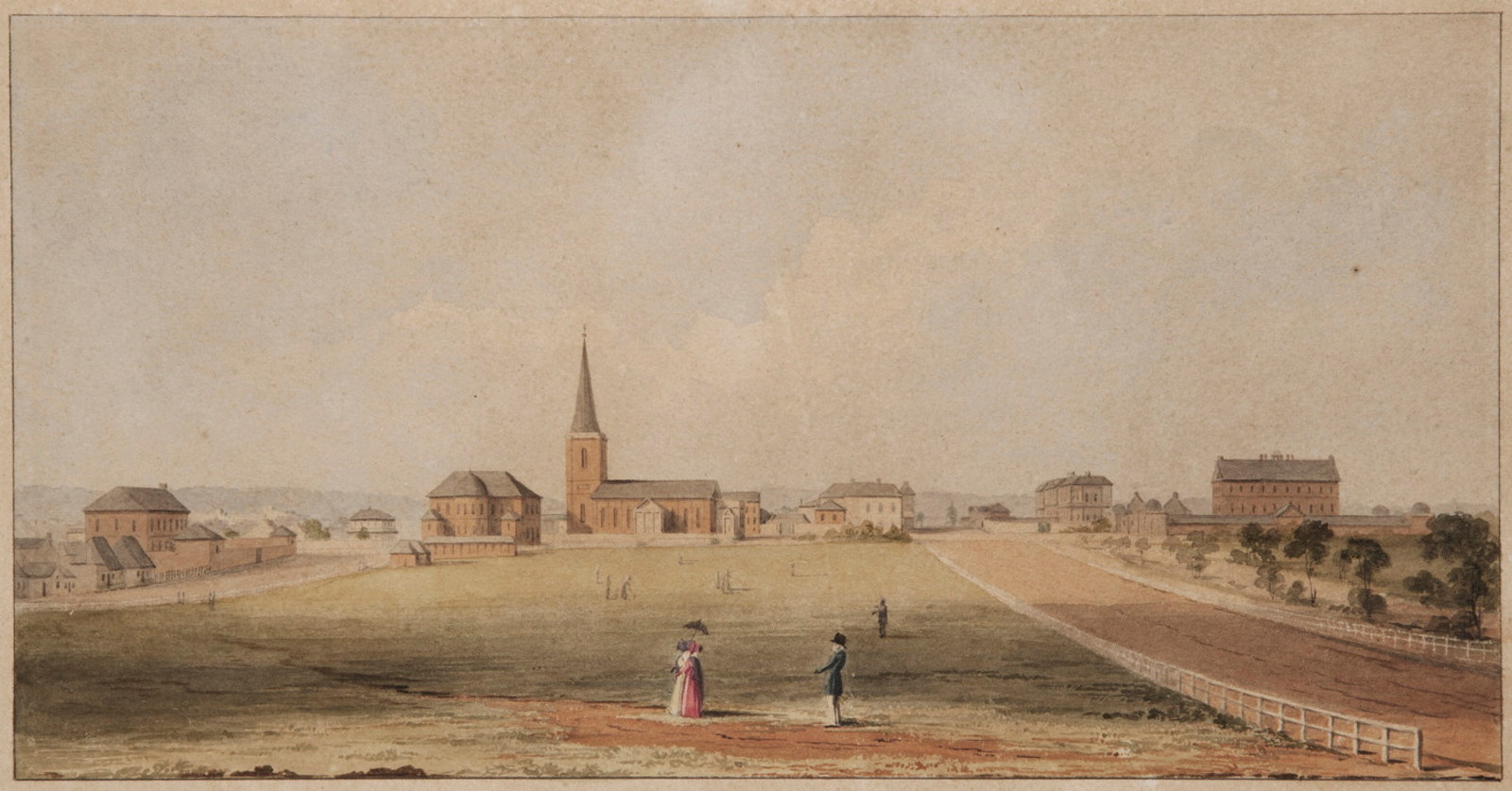 Watercolour painting of Hyde Park and surrounds, including Hyde Park Barracks, early 1840s