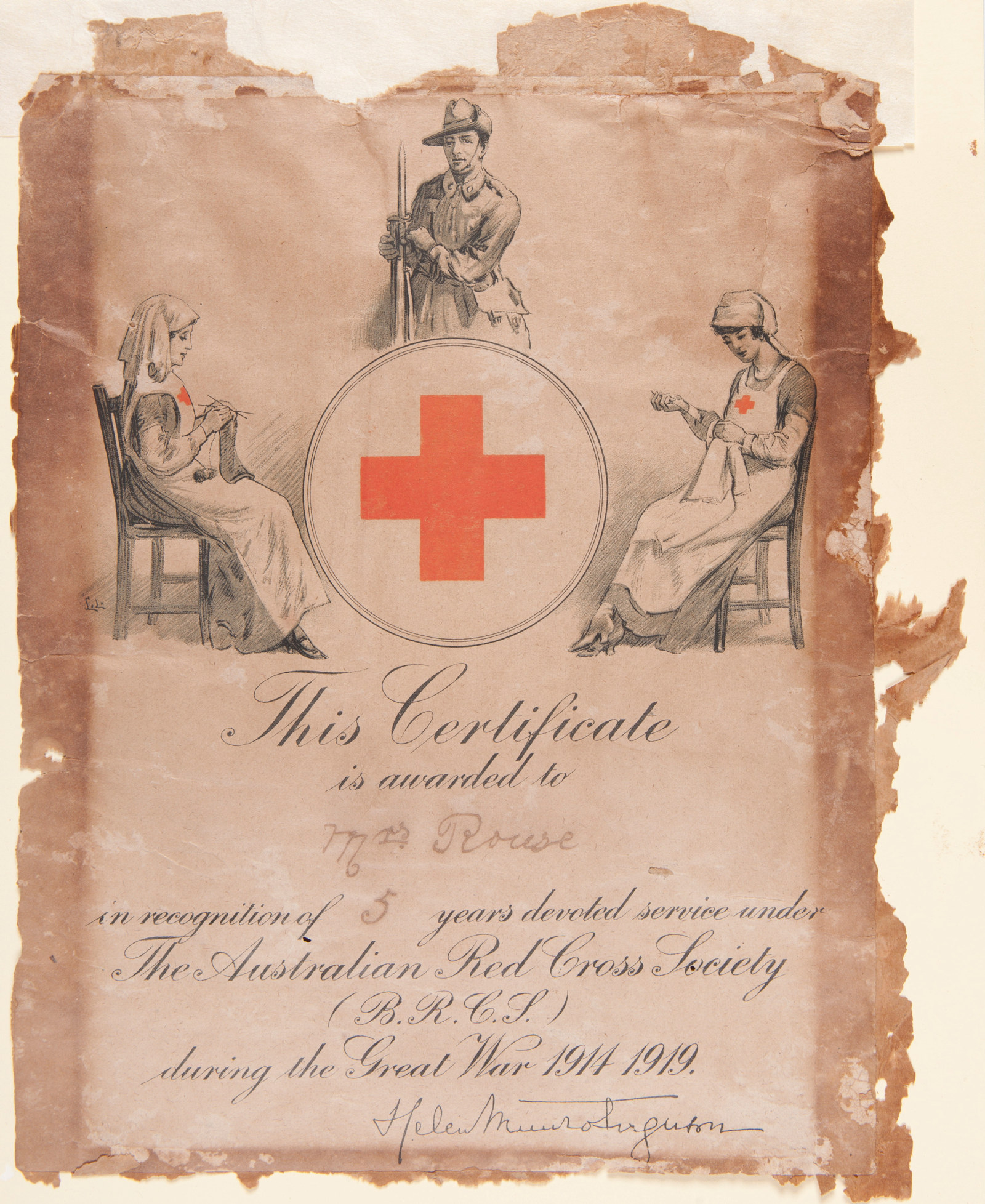 Frayed at edges, certificate with red cross symbol in ornate diagram at top, and cursive script below.