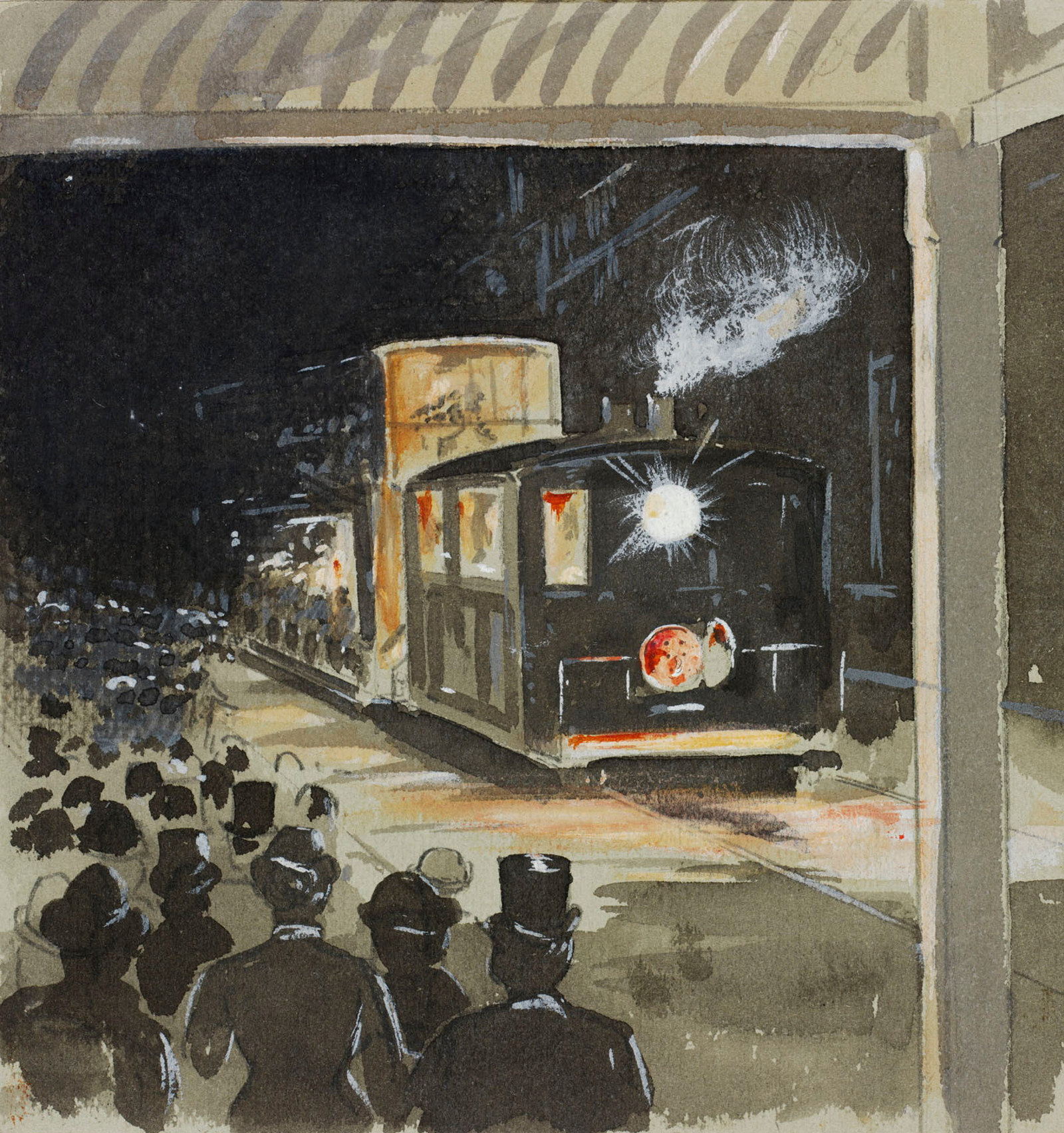 Illustration of a steam tram light up at night passing along a street crowded with onlookers on the footpaths.