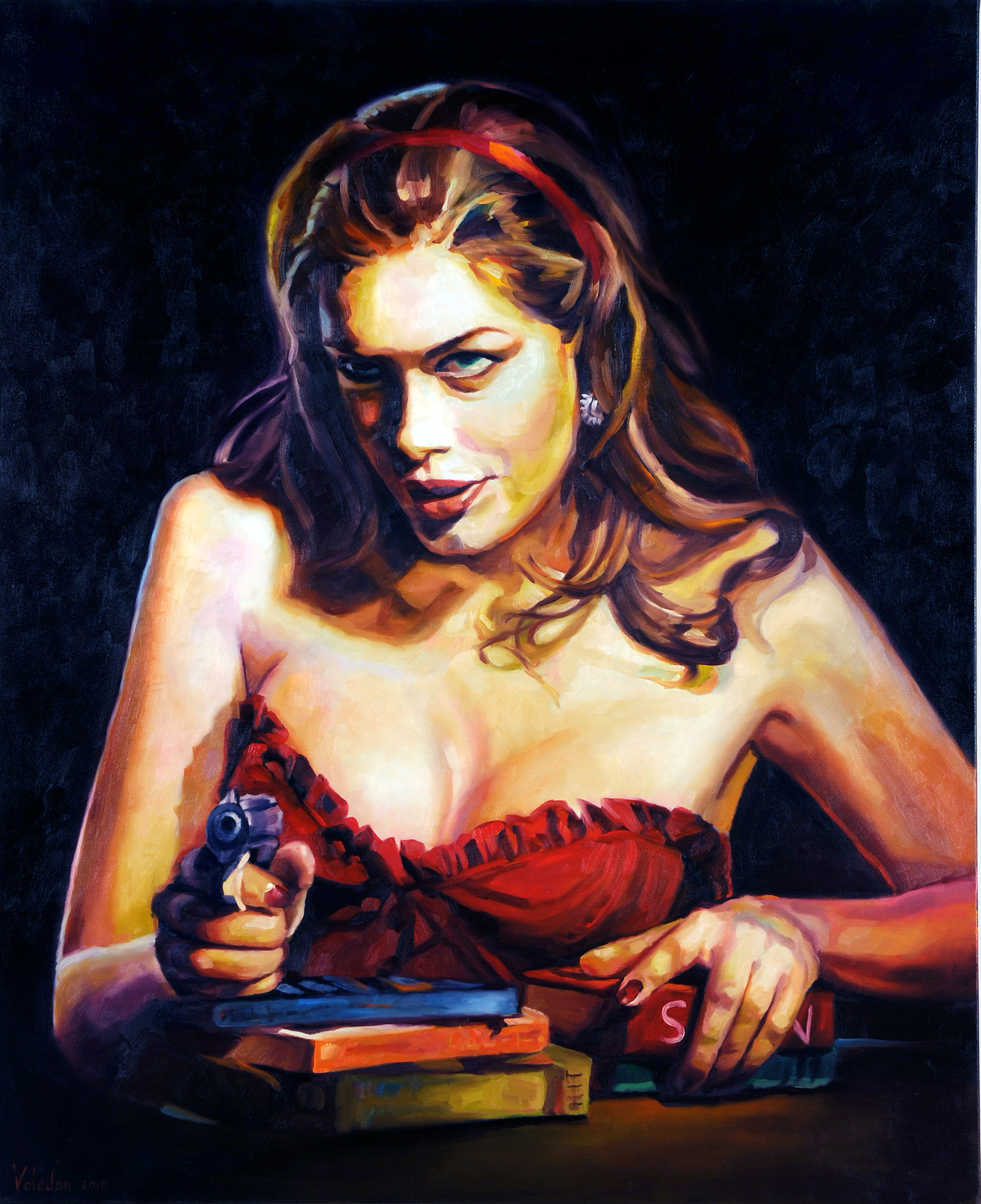 Painting of Tara Moss wearing a low cut red dress and holding a gun. A stack of books sit under her left hand.