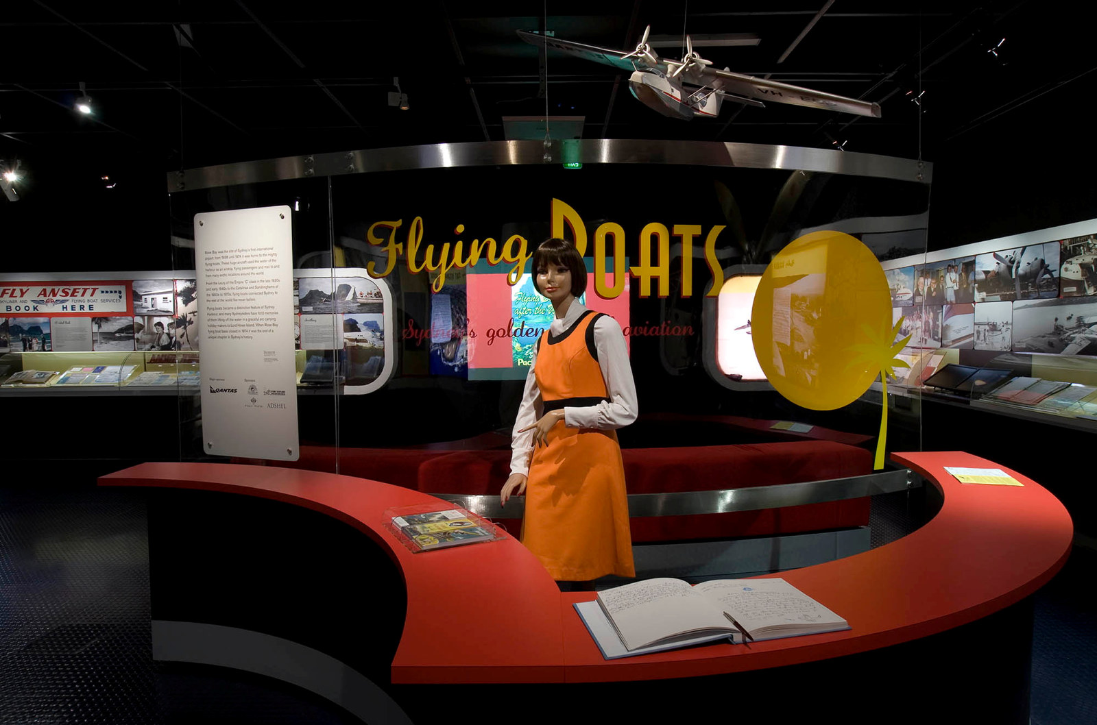 Interior of Flying Boats exhibition showing a mannequin of a hostess.