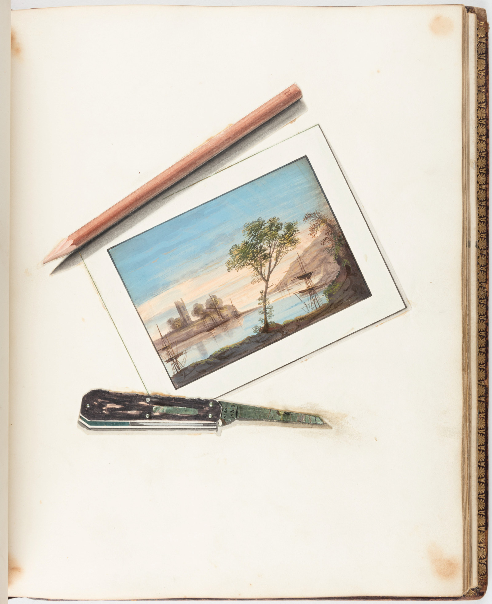 Illustration of a postcard showing an idylic water view and pencil placed nearby