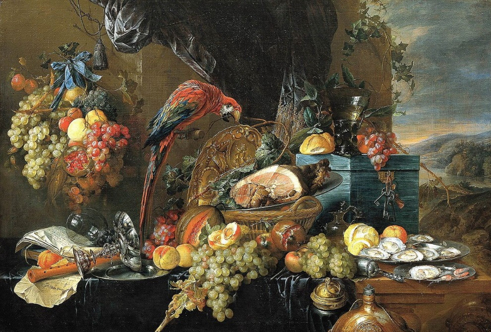 still life painting showing a collection of fruits and foods with a parrot and items of opulence.